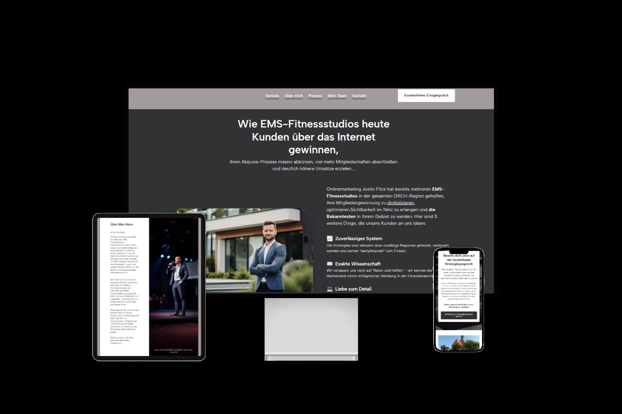 Responsive Design einer Website für EMS-Studios auf Monitor, Tablet und Smartphone.