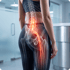 X-ray overlay of a human spine and pelvis showing a glowing red sciatic nerve extending down the leg.