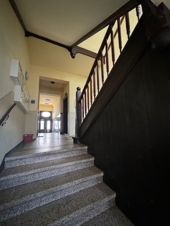 Treppenhaus mit dunklem Holzgeländer und Steinstufen