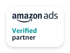 Amazon Ads Verified Partner-Logo auf weißem Abzeichen mit schwarzem Rand.