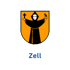 Wappen von Zell mit einem Mönch in schwarzem Gewand, der ein Kreuz und ein Buch hält, auf orangefarbenem Schild.