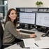 Eine lächelnde Frau arbeitet im Büro an einem Schreibtisch mit zwei Monitoren, die Tabellen und technische Zeichnungen zeigen.