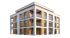 Modernes dreistöckiges Mehrfamilienhaus mit weißer Fassade, Holzverkleidungen und Glasbalkonen vor schwarzem Hintergrund.