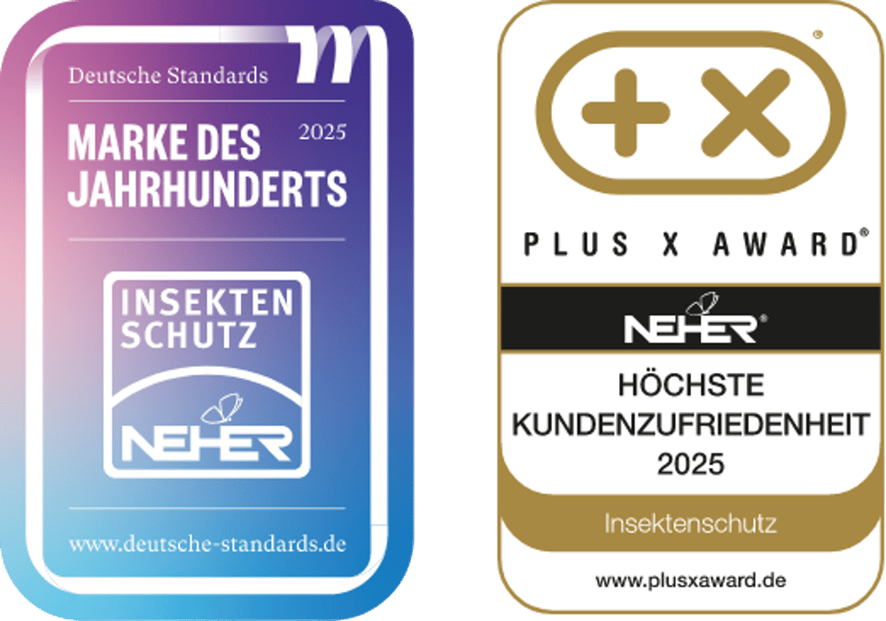 Neher Auszeichnungen 2025: Marke des Jahrhunderts für Insektenschutz und Plus X Award für höchste Kundenzufriedenheit.