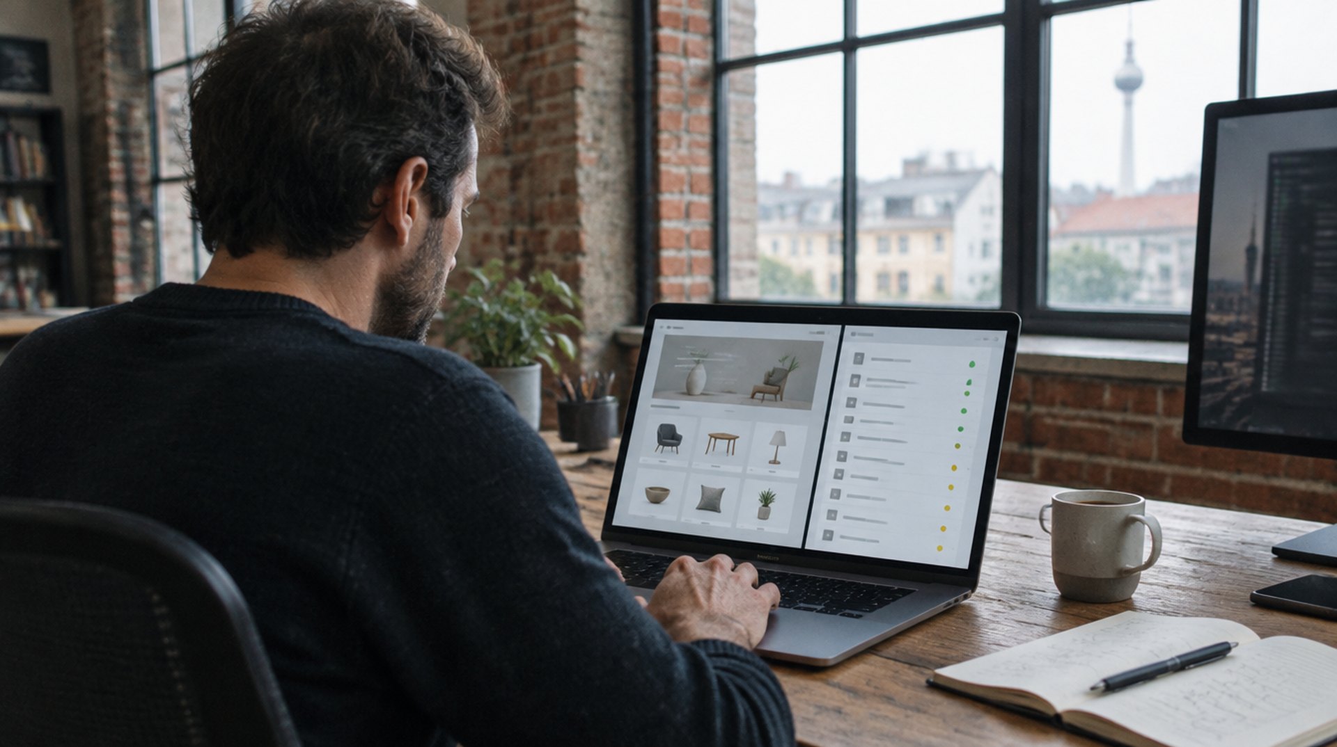 Mann am Schreibtisch in einem Berliner Loft, auf dem Laptop ein Shop neben einer Dateiliste mit farbigen Statuspunkten