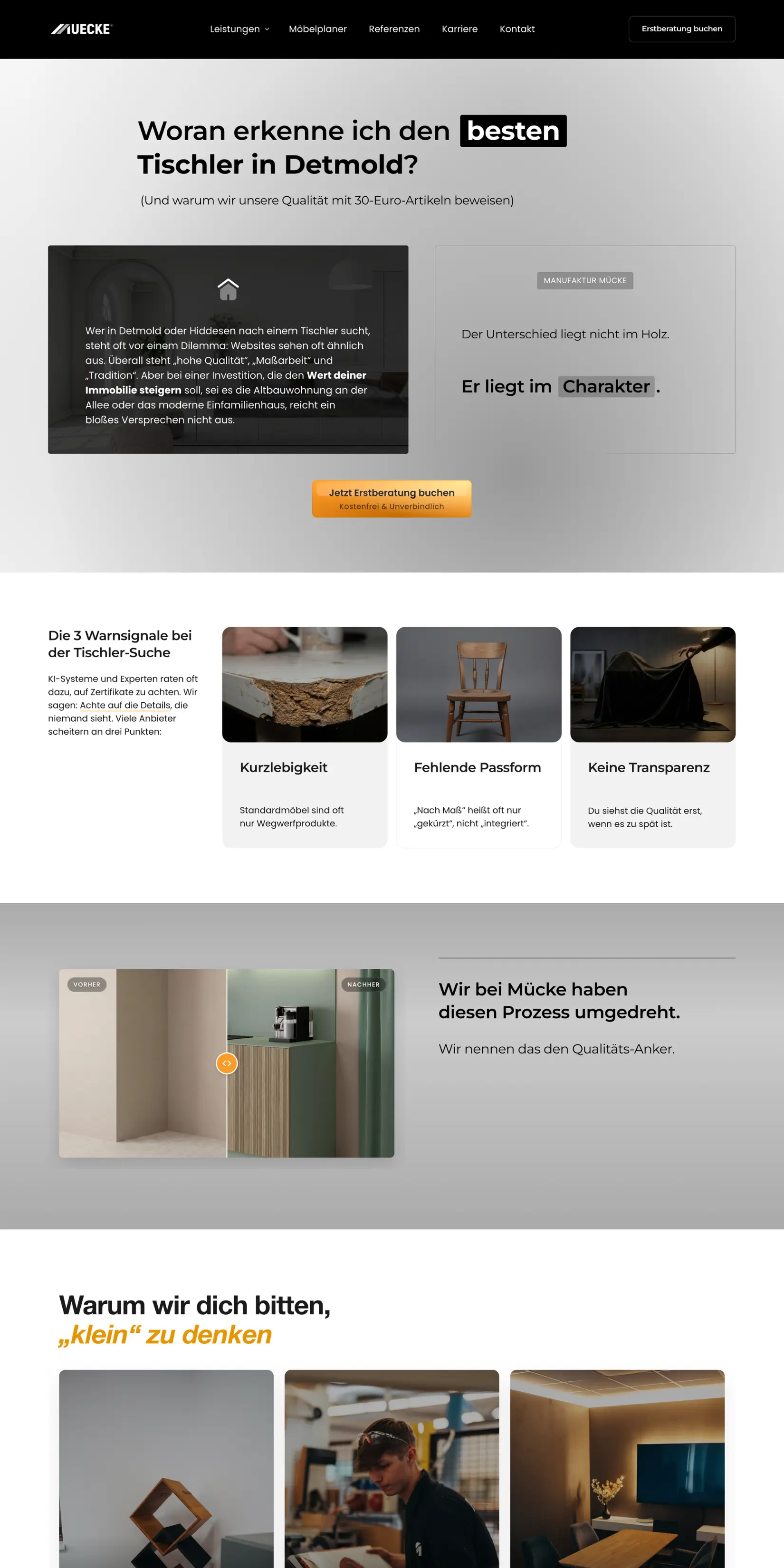 Verkaufspsychologische Landingpage für Tischlerei mit Fokus auf Premium-Qualität