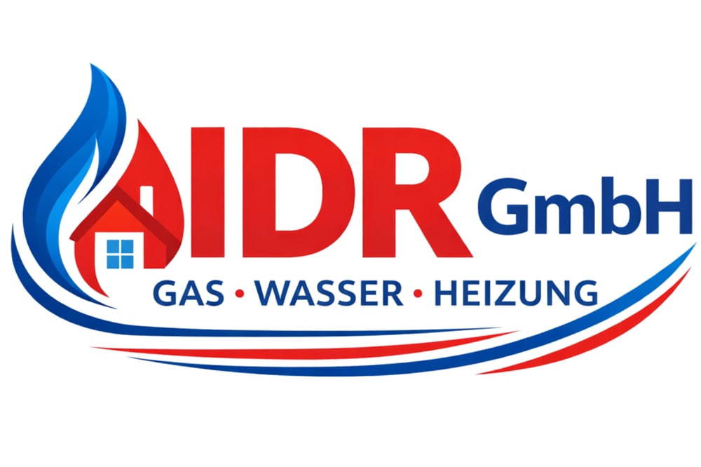 Logo der IDR GmbH mit rotem "IDR", blauem "GmbH", Haus- und Flammen-Symbolen, und "GAS WASSER HEIZUNG".