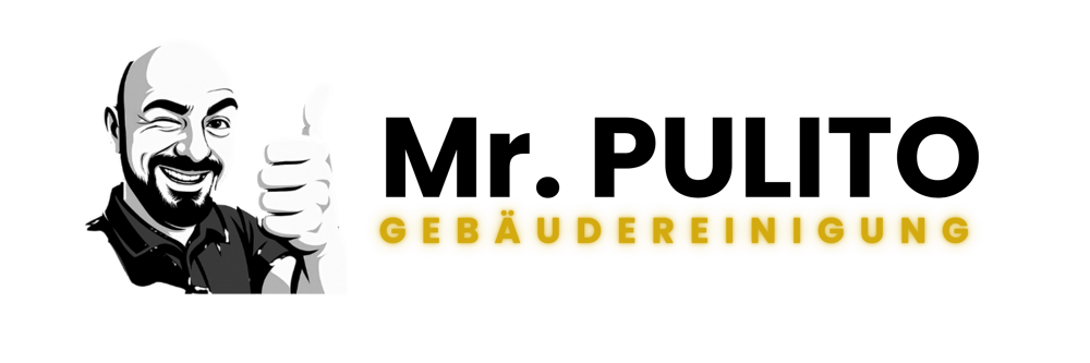Logo: Glatzköpfiger Mann zwinkert, gibt Daumen hoch. Text: Mr. PULITO GEBÄUDEREINIGUNG.