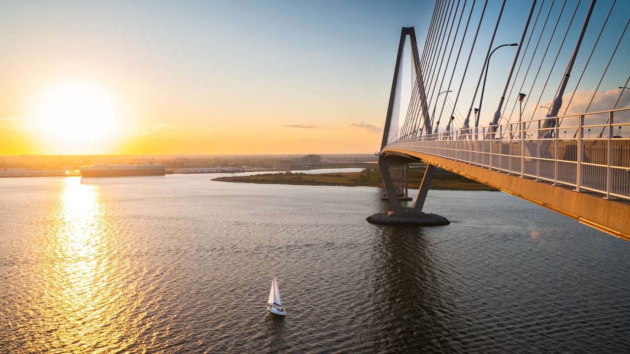 Charleston harbor at sunset