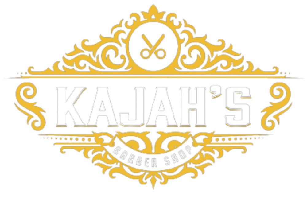 Goldenes florales Logo mit Schere, dem Text „KAJAH'S“ und „BARBER SHOP“ auf grünem Hintergrund.