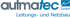 Autmatec GmbH Logo mit Text "Leitungs- und Netzbau" auf dunkelgrünem Hintergrund.