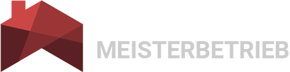Rotes, geometrisches Haus-Logo mit dem grauen Schriftzug MEISTERBETRIEB auf weißem Hintergrund.