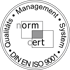 Circular seal with "Qualitäts Management System DIN EN ISO 9001" and "norm cert" in the center.