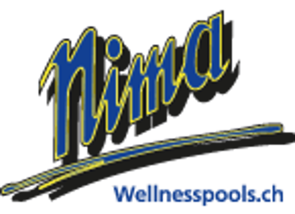 Nima Wellnesspools.ch Logo mit blauer Schrift und gelbem Schatten.