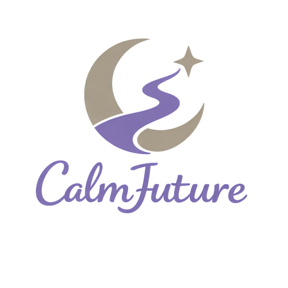 CalmFuture logo: crescent moon, purple path, star, and "CalmFuture" text on a dark green background.