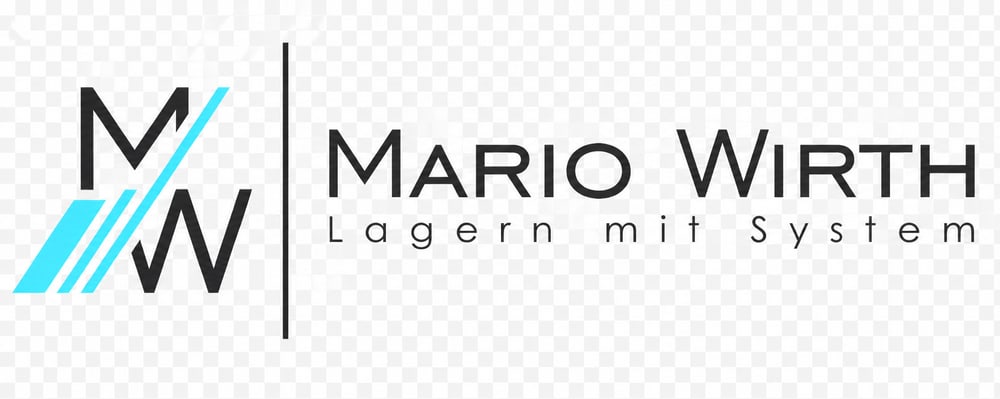 Logo: Mario Wirth, Lagern mit System. Schwarze MW-Initialen mit zwei blauen Balken.