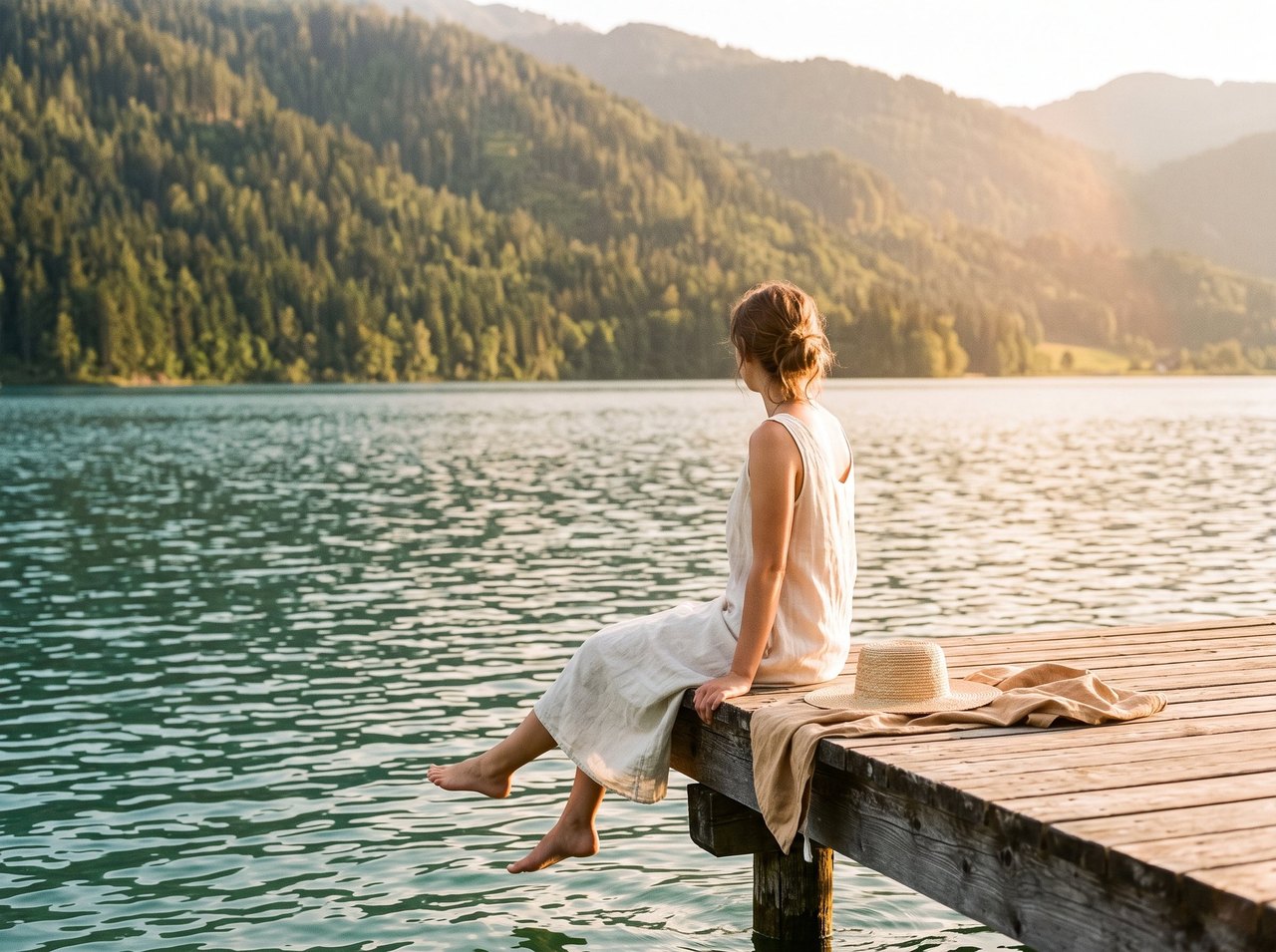 Frau sitzt im Sommer auf einem Steg an einem Bergsee in Kärnten