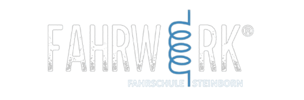 Logo der Fahrschule Steinborn mit dem Schriftzug Fahrwerk und einer blauen Spiralfeder auf schwarzem Hintergrund.