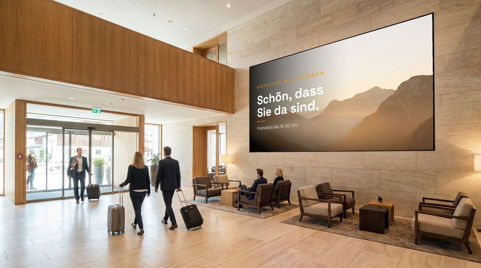 Hotelfoyer mit großer LED-Wand über der Lounge