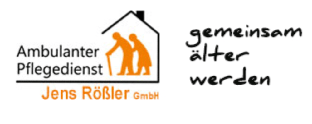 Logo Ambulanter Pflegedienst Jens Rößler GmbH mit Slogan gemeinsam älter werden und zwei Senioren-Silhouetten im Haus.