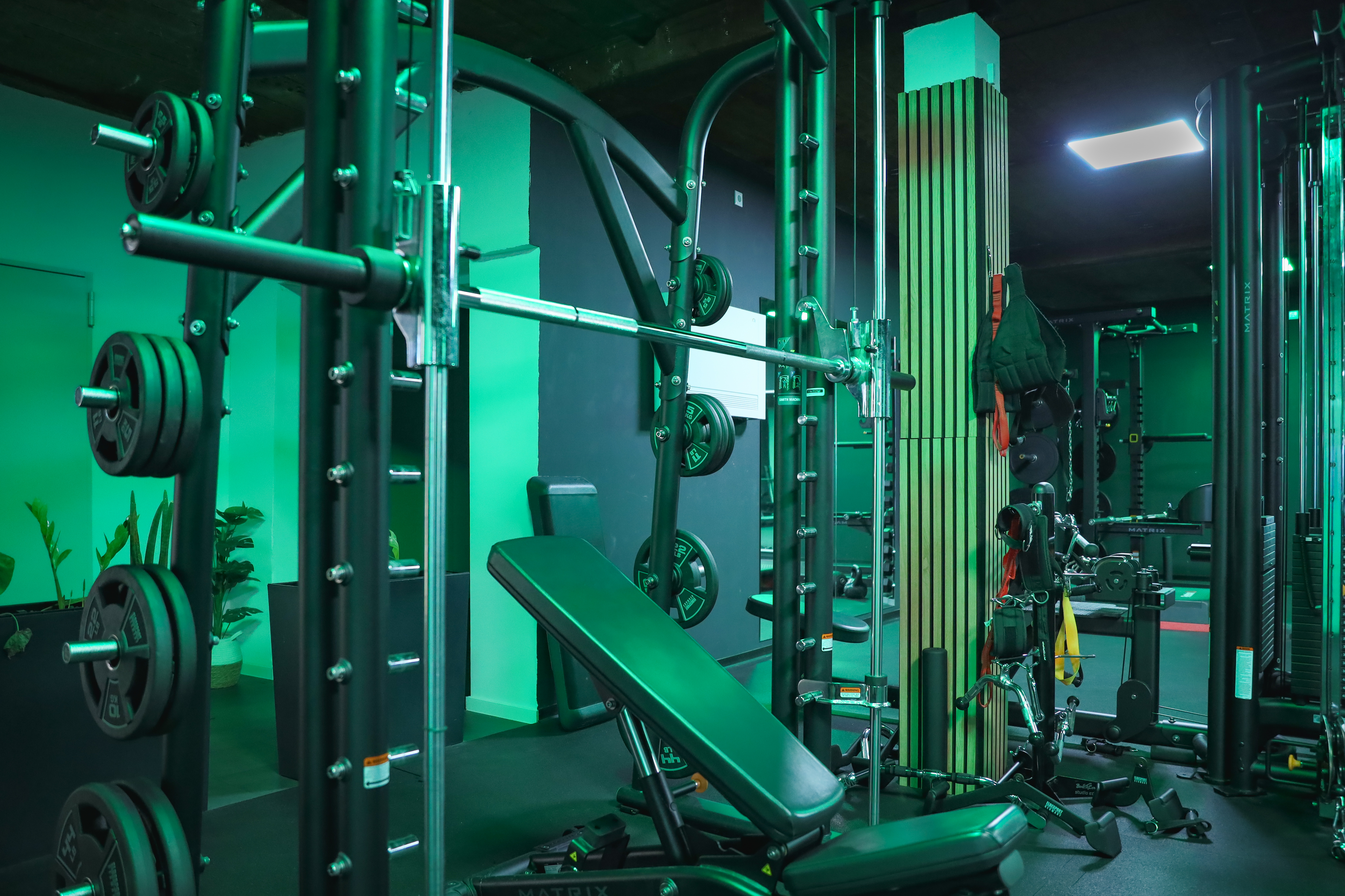 Kurzhantelbereich unter dem S&L Fitness Neonschild im Studio Wasserstraße