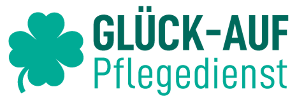 Logo: Grünes Kleeblatt neben dem Text "GLÜCK-AUF Pflegedienst" in grün.