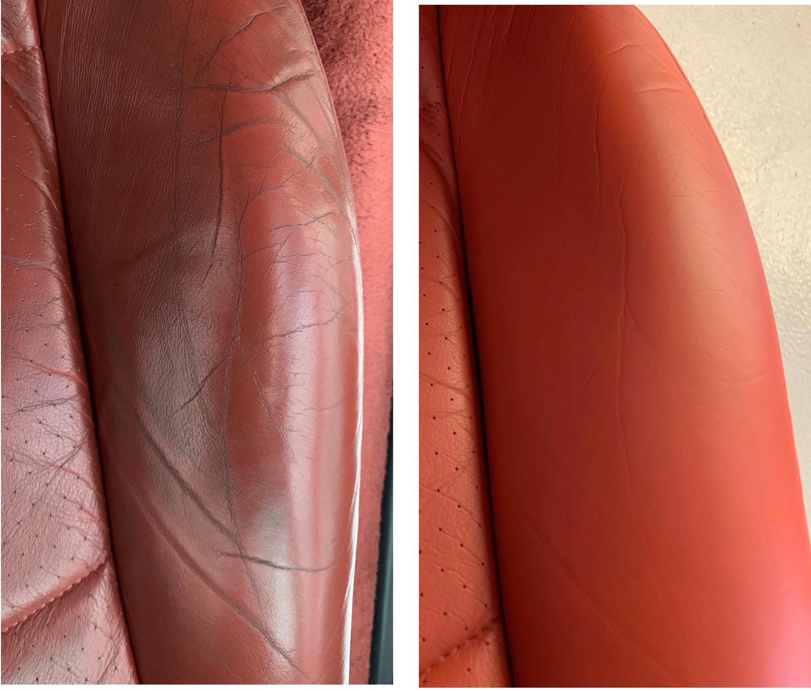 Vorher und Nachher: Rote Sitzwange mit Rissen, vorher und nachher