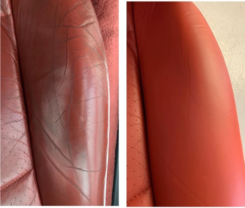 Rotes Leder mit Rissen, vorher und nachher