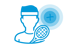 Blaue Silhouette eines Tennisspielers mit Stirnband, Schläger und einem Plus-Symbol auf schwarzem Hintergrund.