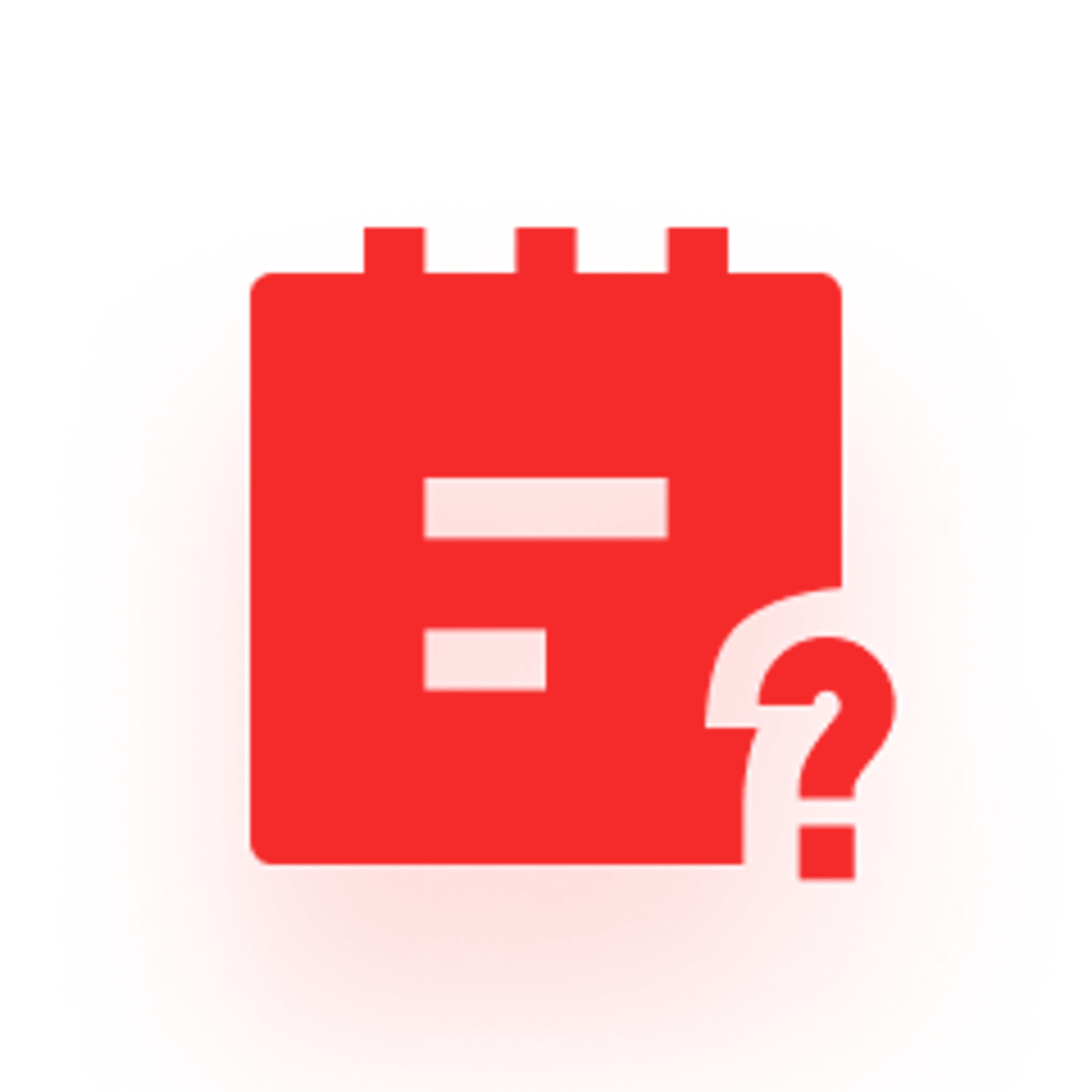 Rotes Kalendersymbol mit einem Fragezeichen und zwei horizontalen Strichen.