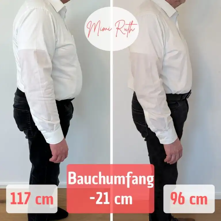 Mann vor und nach Gewichtsverlust, Bauchumfang 117 cm reduziert auf 96 cm, -21 cm. Mimi Ruth Logo.