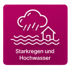 Fuchsia-Symbol mit weißen Umrissen von Wolke mit Regen, Haus und Wellen, Text: Starkregen und Hochwasser - Katastrophenschutz-Software Notfall- und Krisenmanager (NKM®).