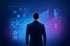 A person in a suit stands facing a glowing blue and purple holographic display of business analytics and customer service.
