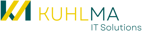 Logo von KUHLMA IT Solutions mit einem stilisierten gelb-türkisen „M“ und gelben und türkisen Buchstaben.
