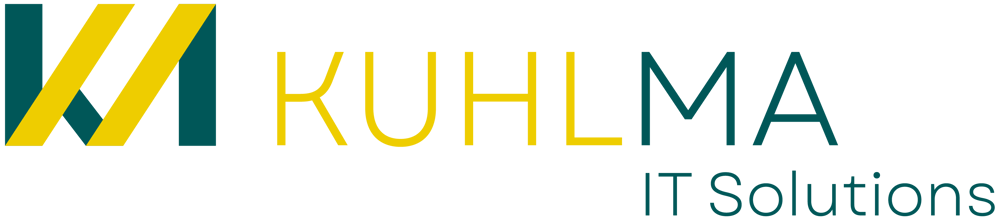 Logo von KUHLMA IT Solutions mit einem stilisierten gelb-türkisen "M" und gelben und türkisen Buchstaben.