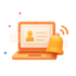 Oranger 3D-Laptop mit einem Benutzerprofil auf dem Bildschirm und einer läutenden Benachrichtigungsglocke daneben - Software für Alarm- und Gefahrenabwehrplanung - Notfall- und Krisenmanager (NKM®).