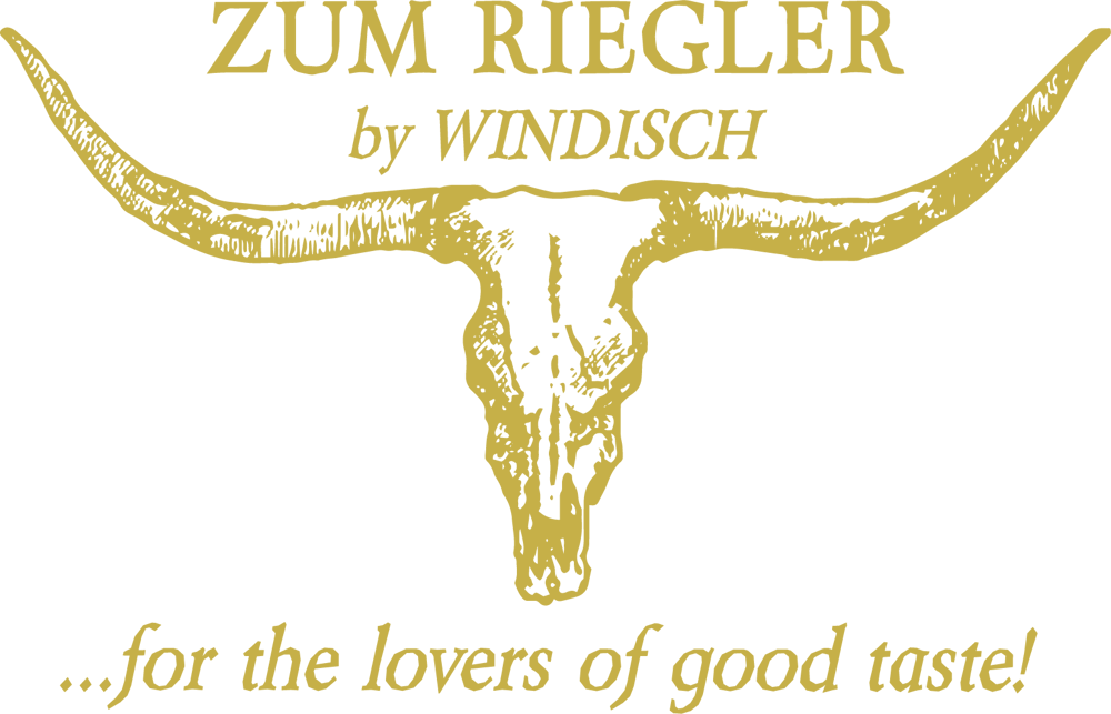 Grüner Hintergrund mit goldener Stierschädel-Grafik und Text: "ZUM RIEGLER by WINDISCH ...for the lovers of good taste!"