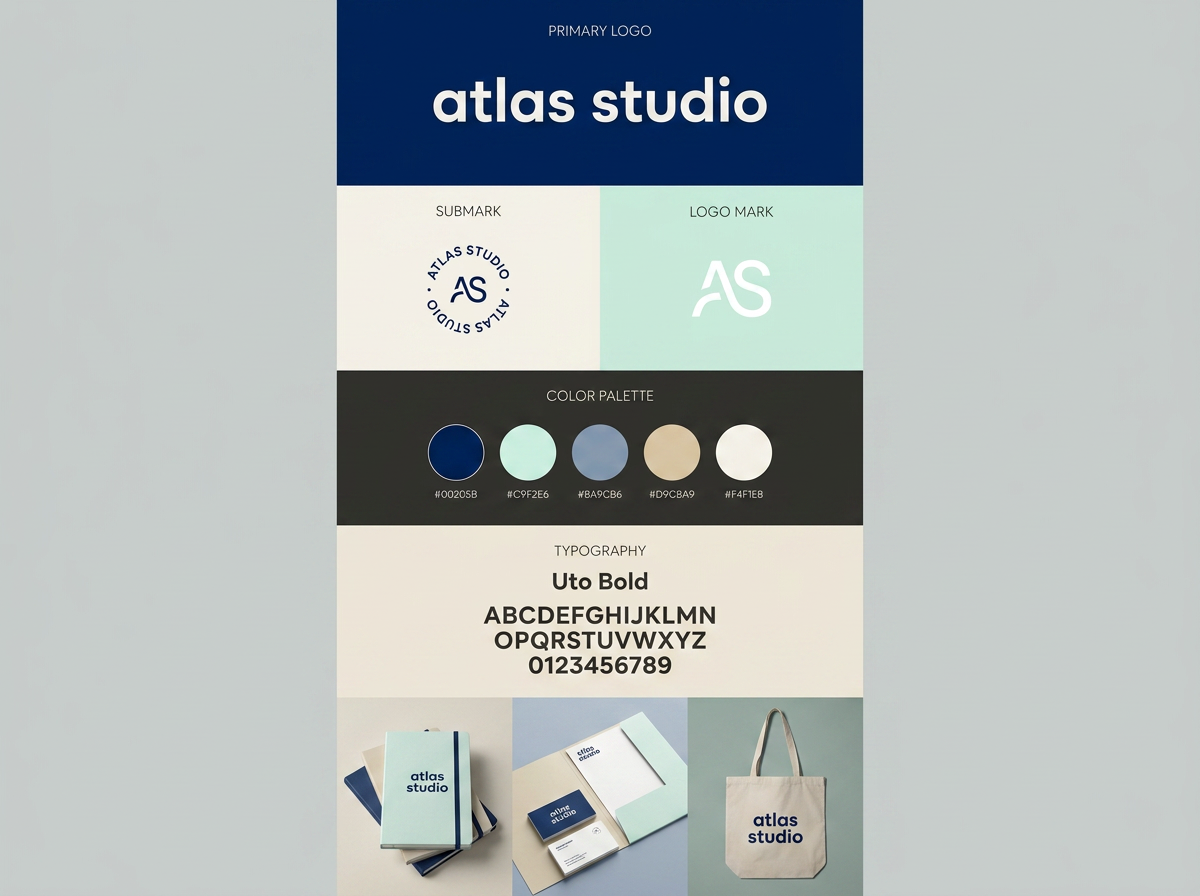 Marken-Board mit Wortmarke, Submark, Farbpalette und Typografie