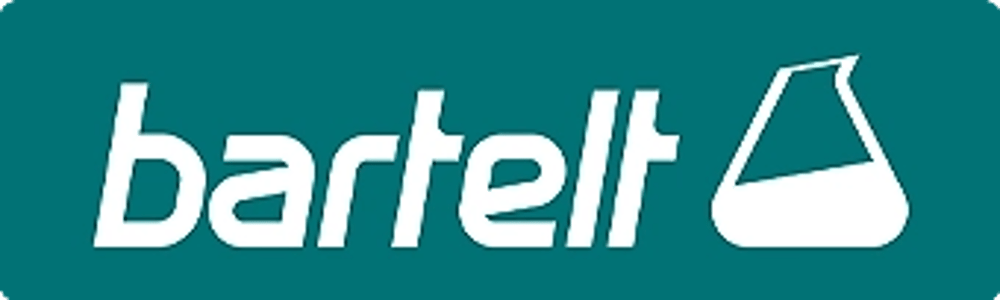 Bartelt-Logo mit weißer Schrift auf blaugrünem Hintergrund und einem Erlenmeyerkolben-Symbol.