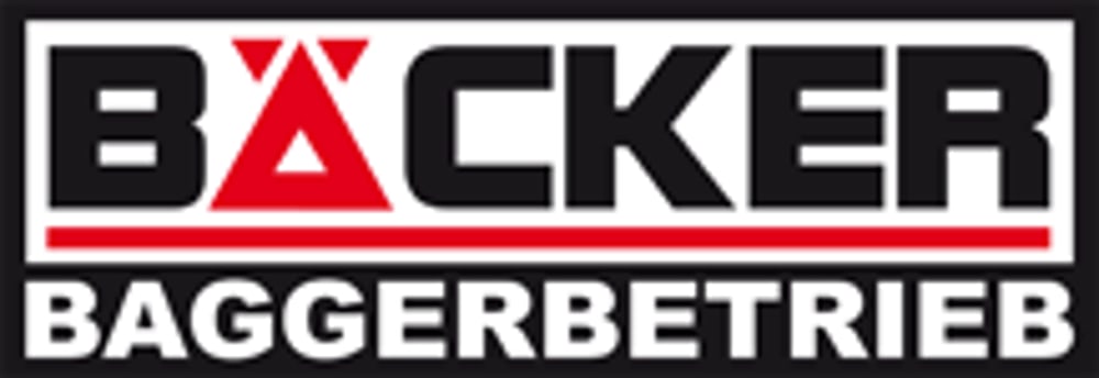Logo mit schwarzem Text "BÄCKER" und "BAGGERBETRIEB" auf weißem Hintergrund, roter Balken darunter.