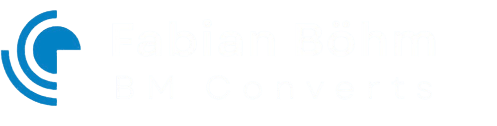 Blaues Logo mit geschwungenen Linien und weißem Text "Fabian Böhm BM Converts" auf grünem Hintergrund.