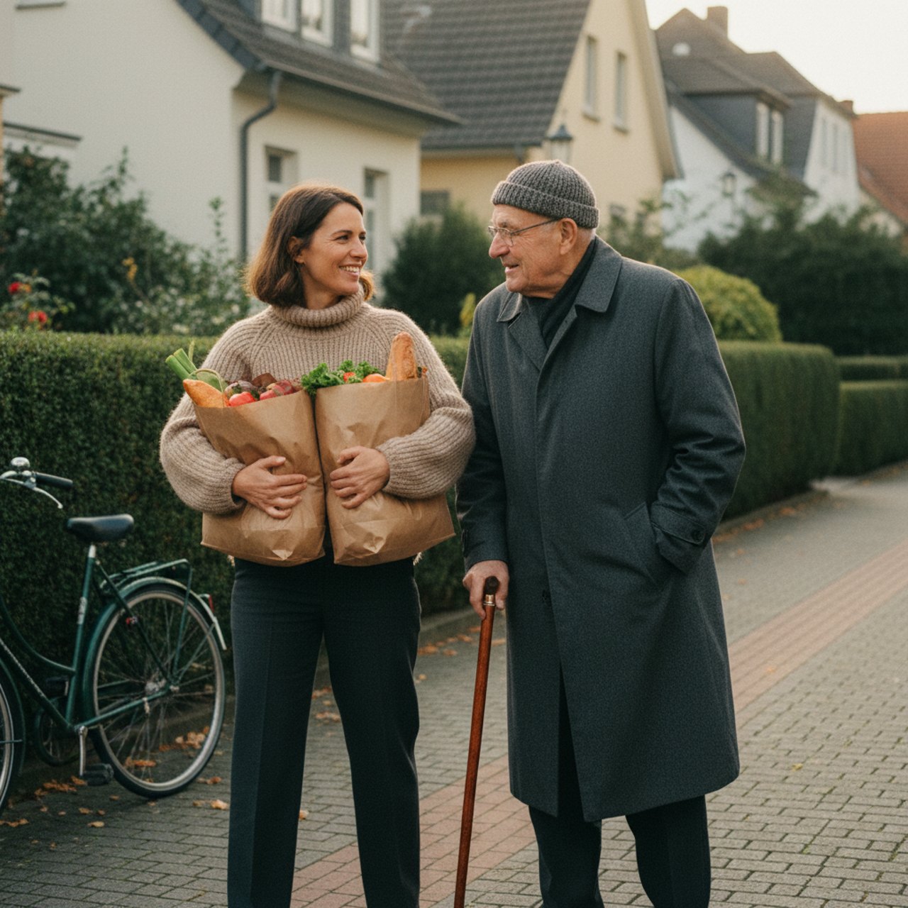 Eine Mitarbeiterin begleitet einen älteren Herrn beim Einkauf nach Hause