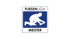Blaues Logo mit Schriftzug "FLIESENLIGA" oben und "MEISTER" unten, dazwischen eine kniende Person.