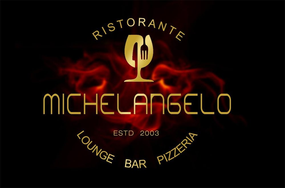 Ristorante Michelangelo Lounge Bar Pizzeria Logo, mit Weinglas, Gabel und Messer.
