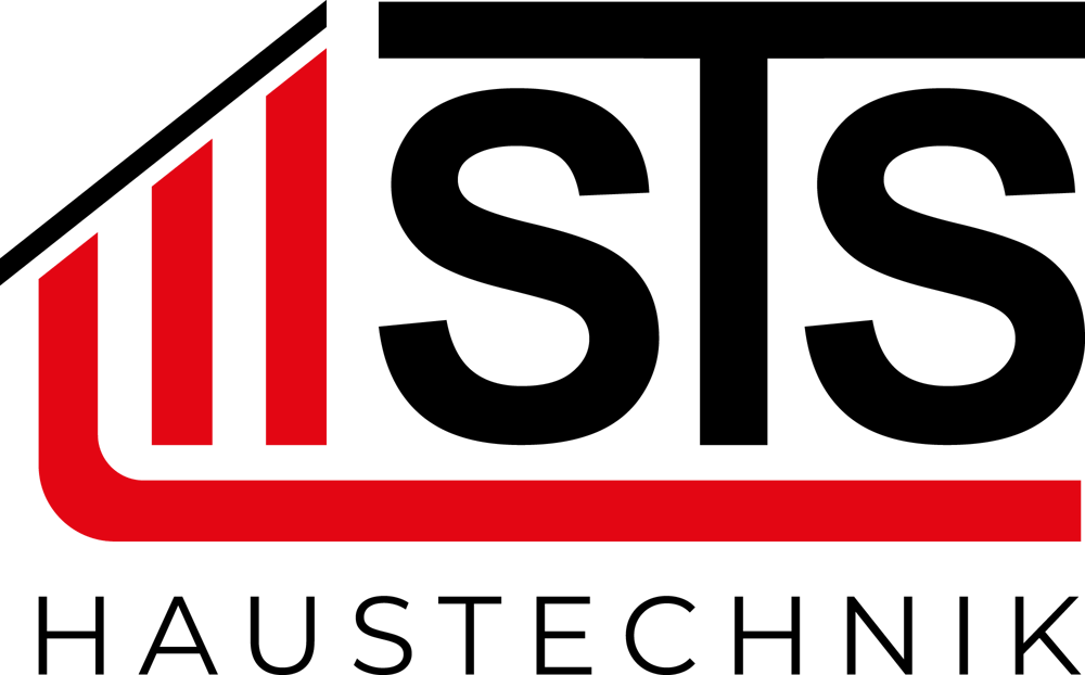 Schwarz-rotes STS Haustechnik Logo mit stilisiertem Hausdach über den Buchstaben.