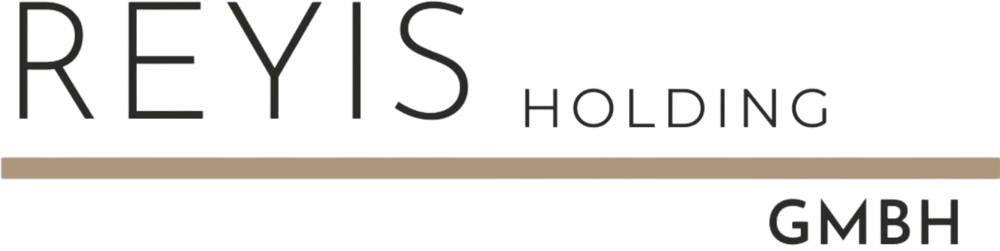 Logo mit dem Text "REYIS HOLDING" in dunklem Text, darunter eine braune Linie und "GMBH" in dunklem Text.