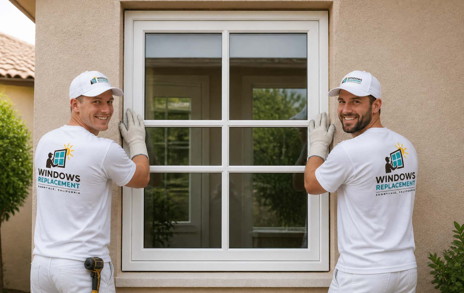 Close detail of a replacement window frame and pane