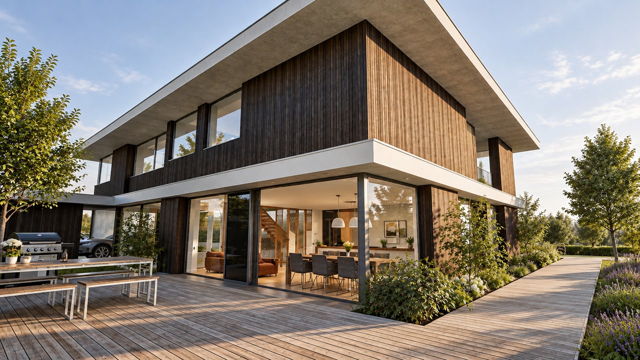 Holzfassade, fließender Übergang zur Terrasse
