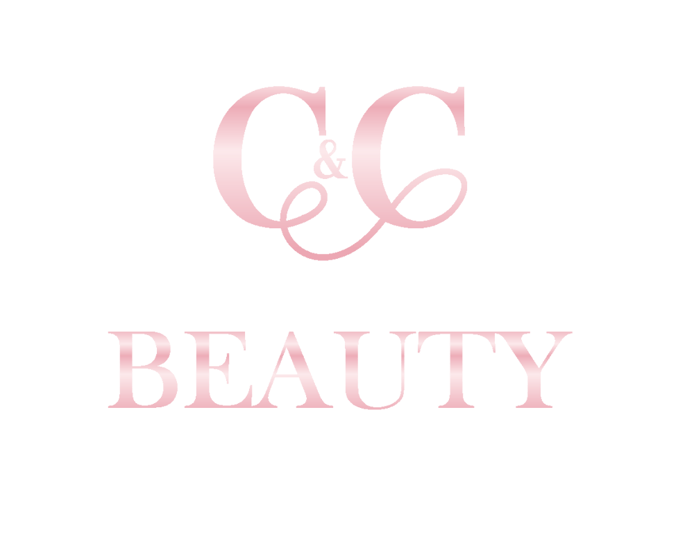 C&C BEAUTY Logo in Rosa auf dunkelgrünem Hintergrund.