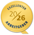 Goldene Medaille mit Text "EXZELLENTER ARBEITGEBER 20/26".